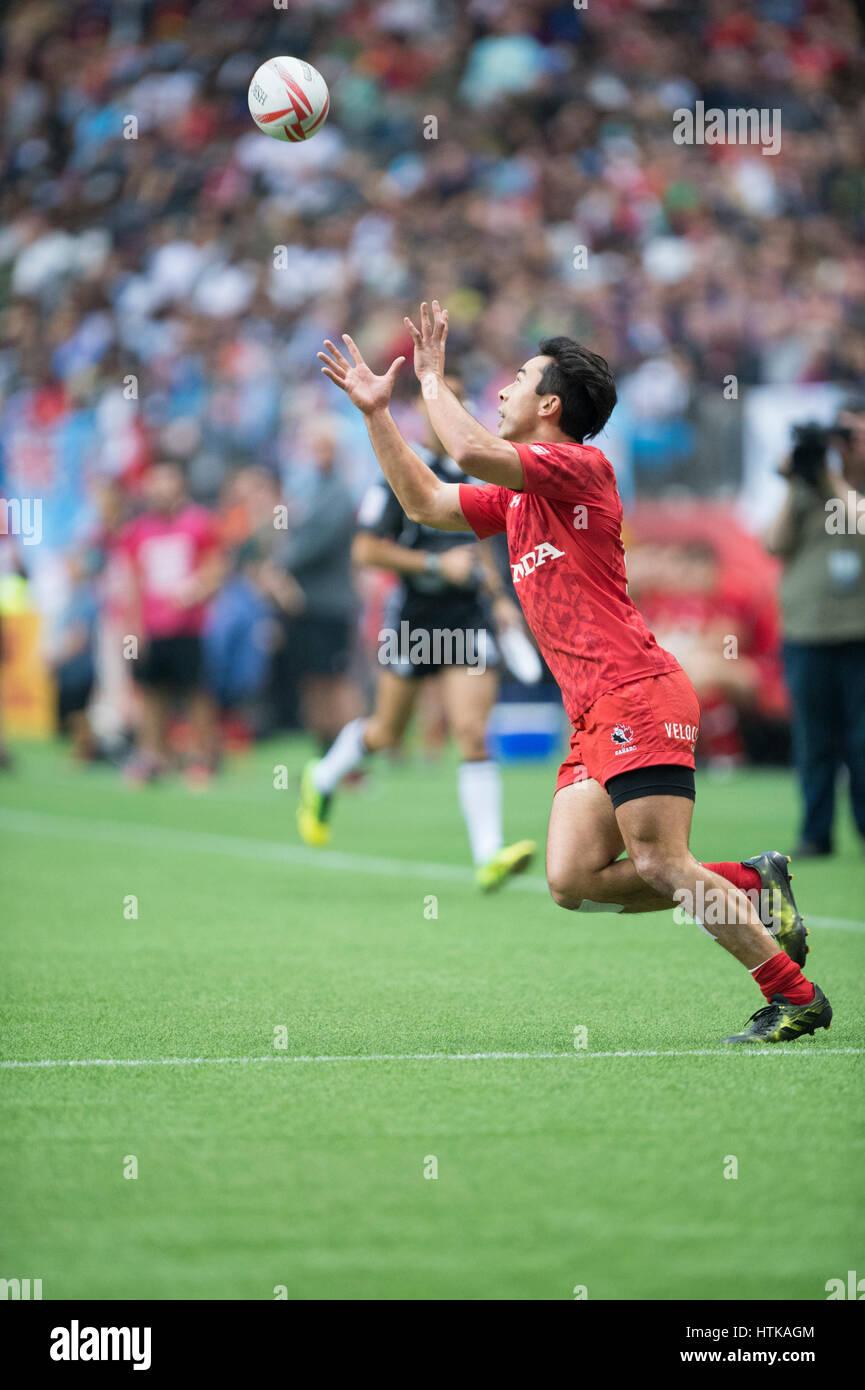 Vancouver, Kanada. 12. März 2017. Nathan Hirayama (9) von Kanada. Tag 2-HSBC Canada Sevens Rugby, das BC Place Stadium. Argentinien setzt nach dem Sieg über Kanada 12-5. Bildnachweis: Gerry Rousseau/Alamy Live-Nachrichten Stockfoto