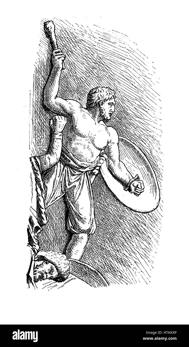 Vintage Gravur Vertretung deutscher Warriorfighting mit Schild und Streitkolben, geschnitzte Szene auf den Sieg Trajans Colunm in Rom (II Jahrhundert) Stockfoto