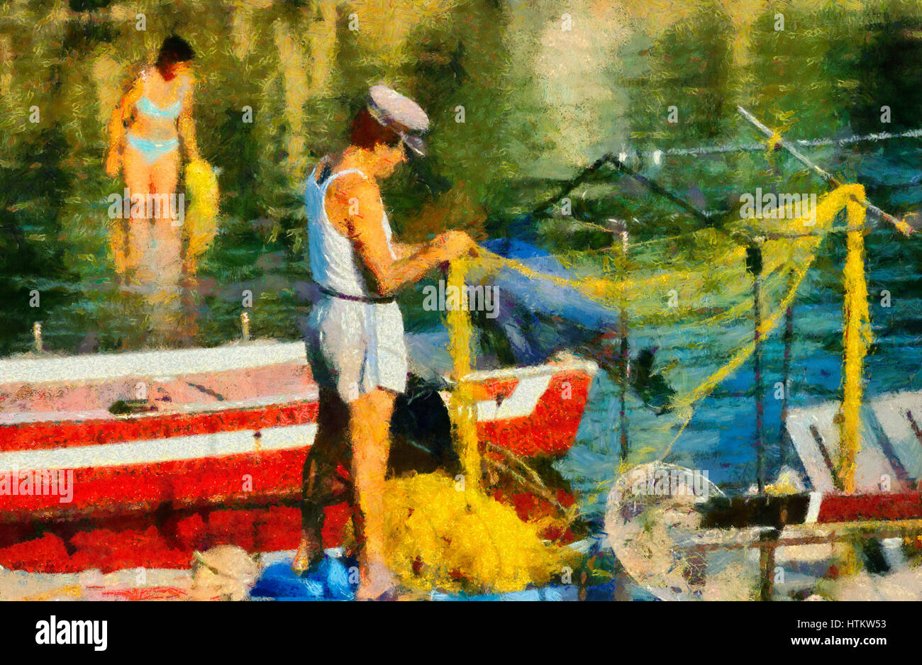 Fischer, die Reinigung seiner Netze in Kea Insel, Griechenland Stockfoto