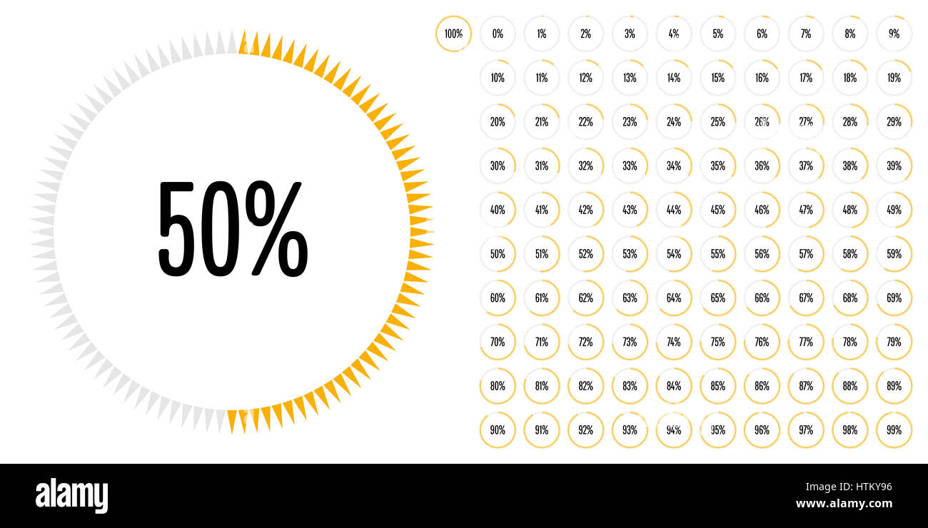Kreis Prozentsatz Zeichnungssatz von 0 bis 100 für Web-Design, User-Interface (UI) oder Infografik - Indikator mit gelb Stockfoto