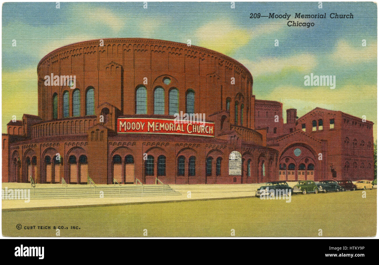 Moody-Gedächtnis-Kirche, Chicago vorgestellten auf einer Postkarte 1950 Curt Teich Art Colortone. Die Kirche wurde nach der Kirche Gründer, Evangelist d.l. Moody, benannt, obwohl Moody nie der Kirche Pastor war. Stockfoto