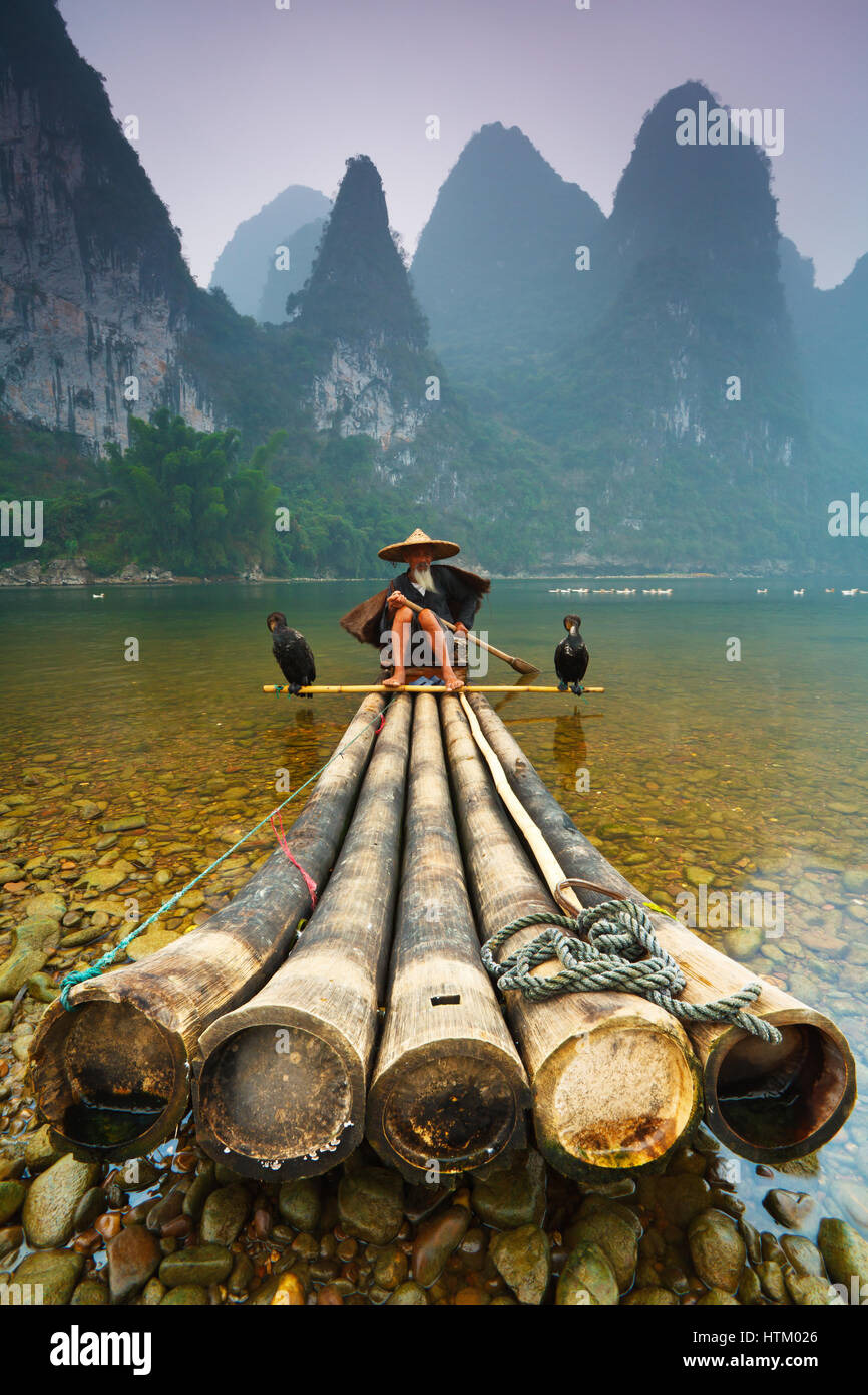 Kormoran Fischer sitzt auf seinem Bambusfloß am Ufer des Li Flusses nahe dem Dorf Xingping, Region Guangxi, China. Stockfoto
