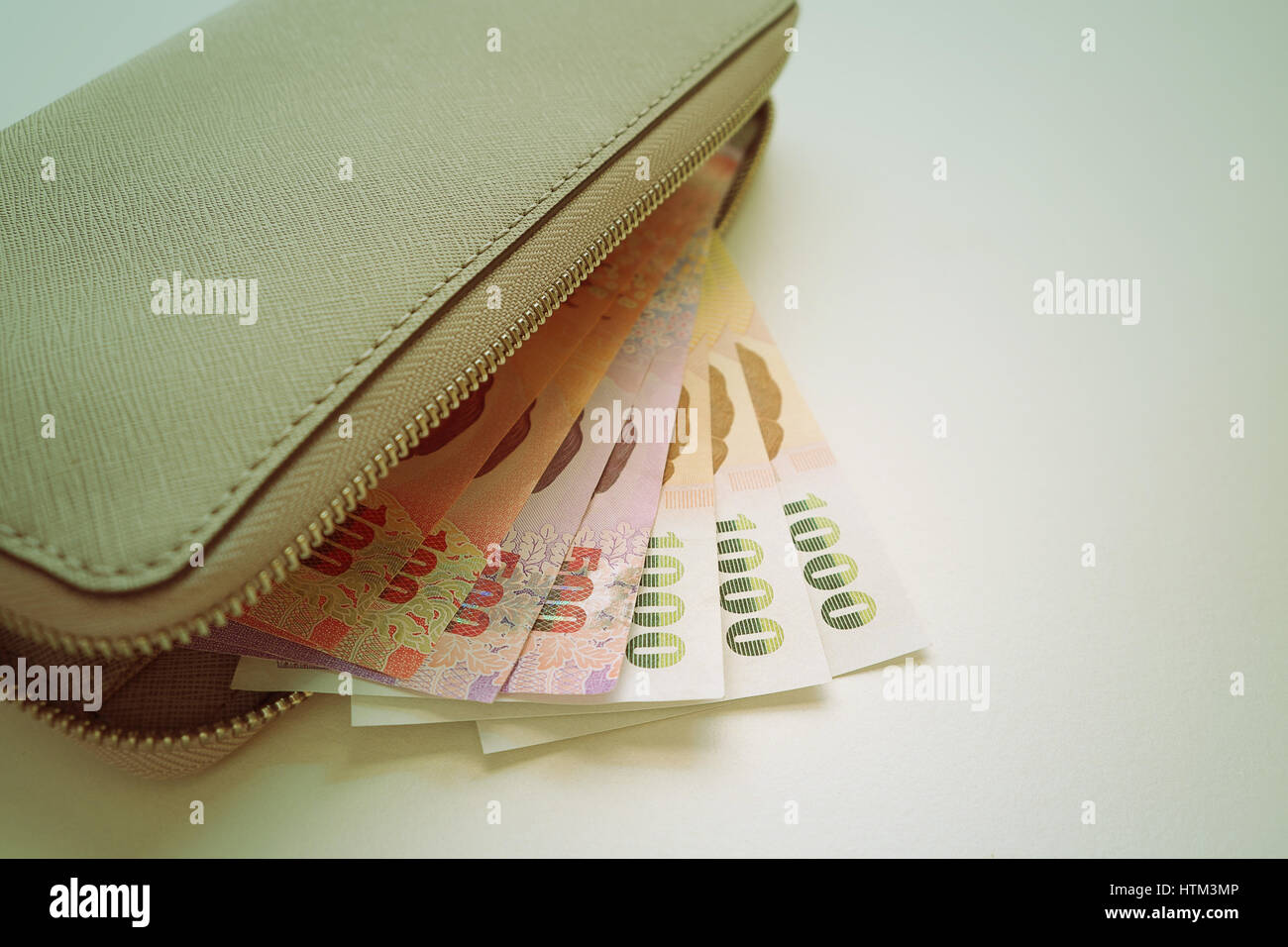 Graues Leder Brieftasche mit Banknoten auf weißem Hintergrund. Stockfoto