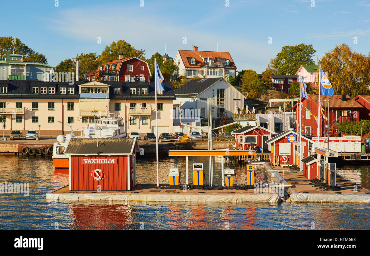 Tankstelle für Boote Vaxholm, Schweden, Skandinavien Stockfoto