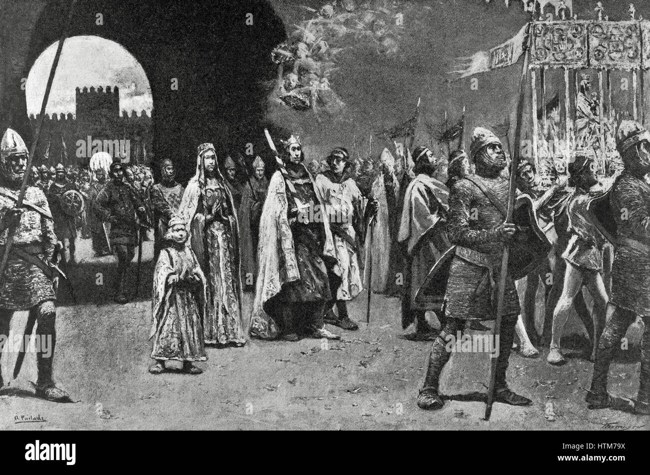 Ferdinand III (1199/1201-1252), genannt die Heilige. König von Kastilien (ab 1217), Leon (ab 12.30 Uhr) und Galicien (von 1231). Ferdinand III. trat als Eroberer in Sevilla am 22 Dezember 1248. Bevor Sie eine Komposition von Andres Parlade gravieren. Stockfoto