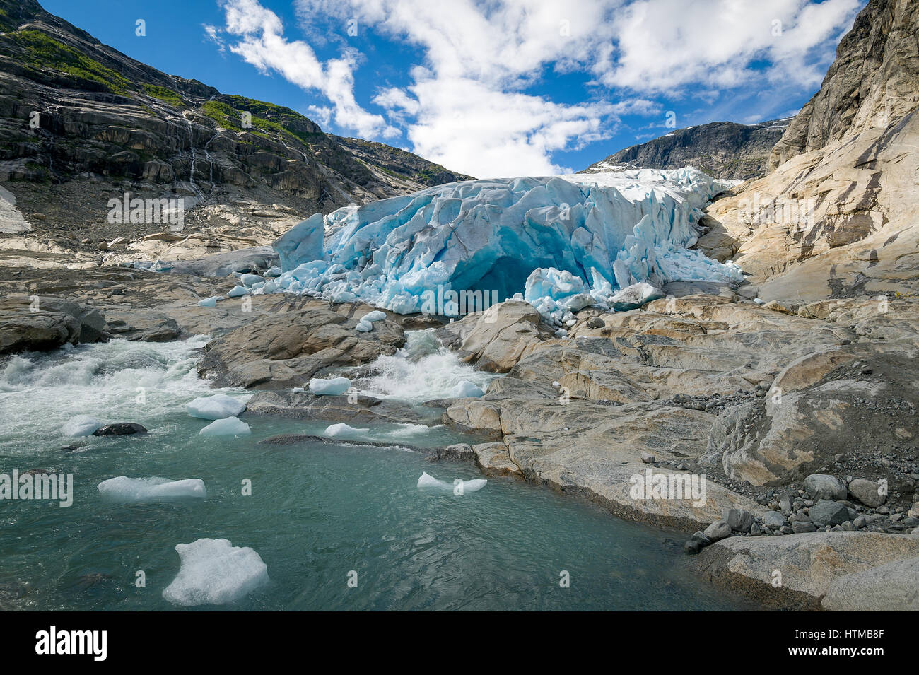 Nigardsbreen Gletscher Eis und See Landschaft. Stockfoto