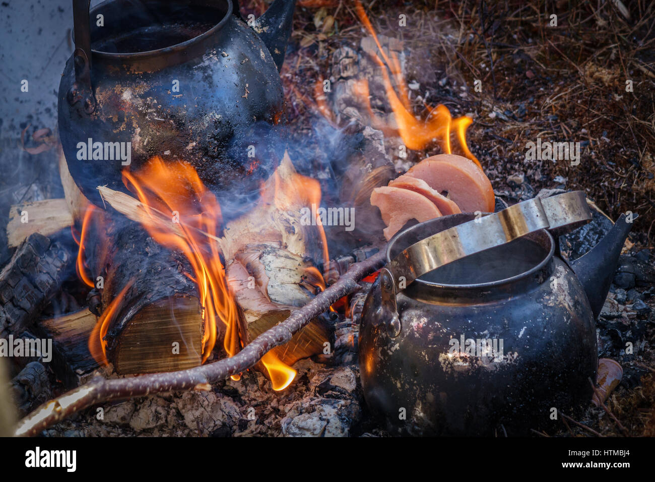 Lagerfeuer mit Rentier-Wurst, Lappland Gästehaus in Kangos, Lappland, Schweden Stockfoto