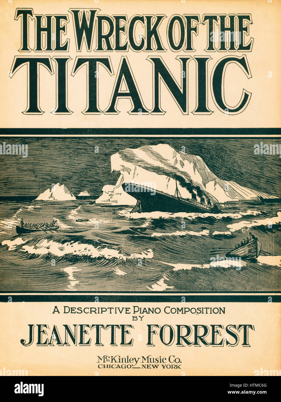 Das Wrack der Titanic, eine beschreibende Klavierkomposition von Jeanette Forrest. Veröffentlichte 1912. Resultate von musikalischen Kompositionen entstanden in Erinnerung an die Katastrophe. Stockfoto