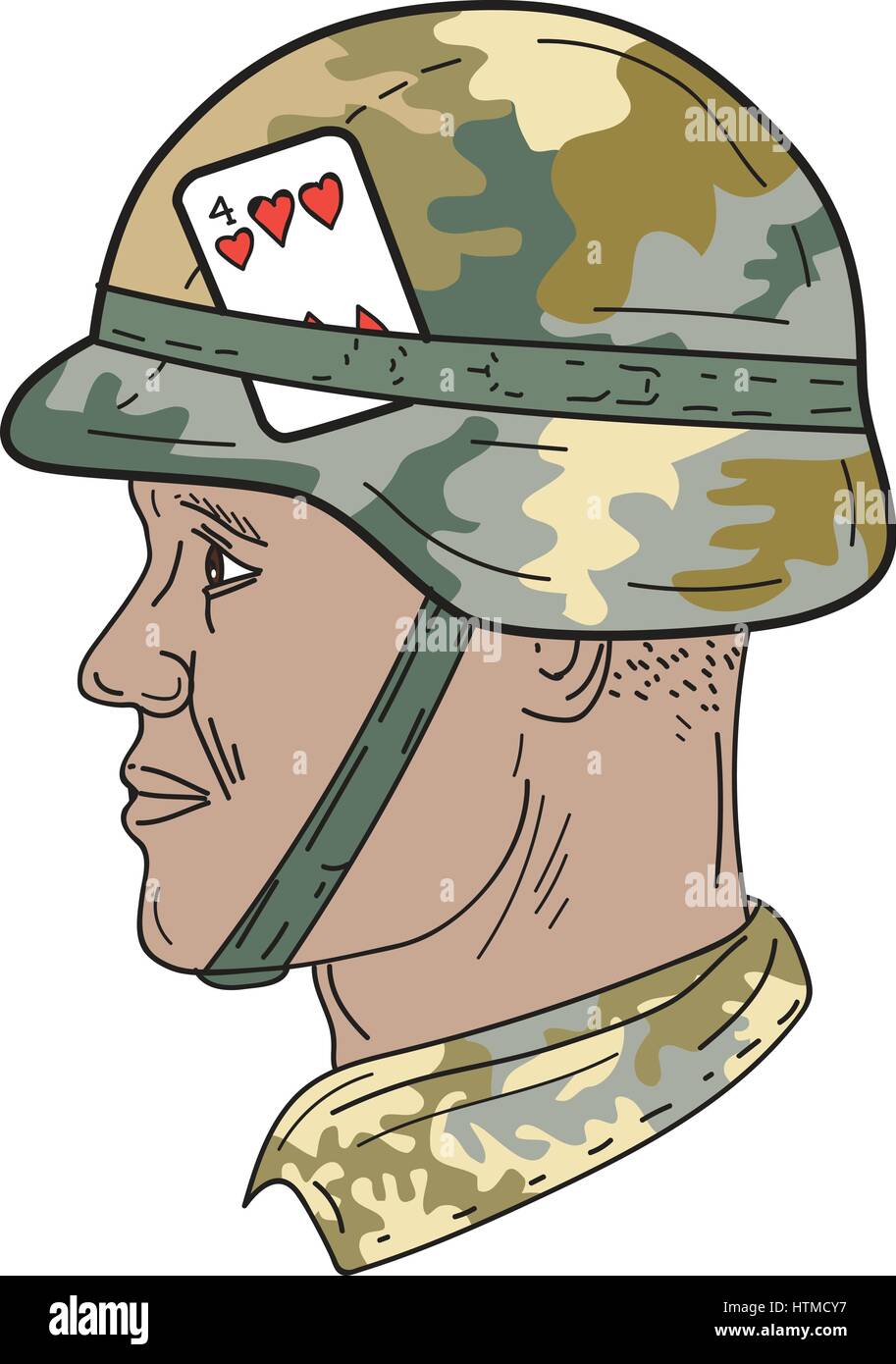 Zeichnung Skizze Stil Abbildung eines afroamerikanischen Soldaten tragen uns Armee Kevlar Helm mit Camouflage Tuch abdecken und vier Herzen p zu bekämpfen Stock Vektor