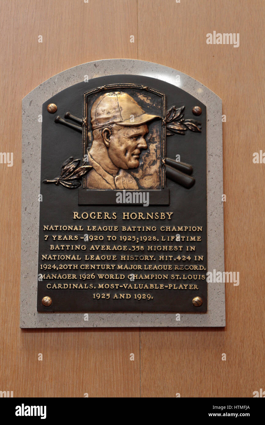 Gedenktafel für zweiten Base Rogers Hornsby in die Hall Of Fame Gallery, National Baseball Hall Of Fame & Museum, Cooperstown, New York, USA. Stockfoto