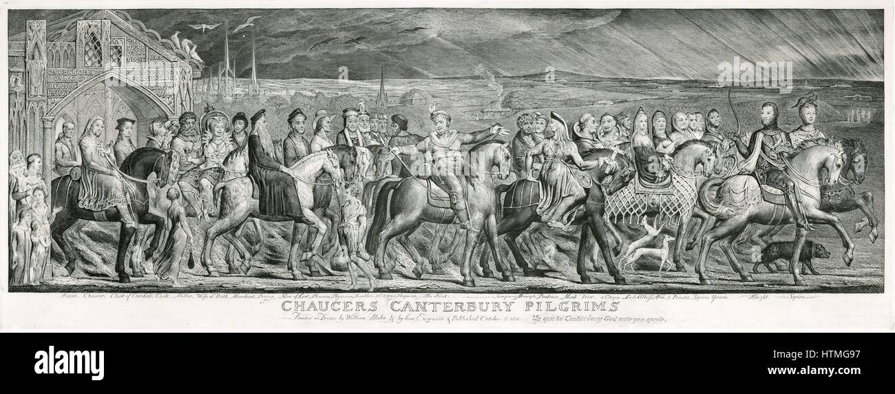 Chaucers Canterbury Pilgrims'on ihrer Reise. Stich nach einem gemalten Fresko von William Blake 1810. William Blake (1757-1827), englischer Maler, Drucker und Mystiker. "Canterbury Tales" von Geoffrey Chaucer (c1345-1400) englischer Dichter. Stockfoto