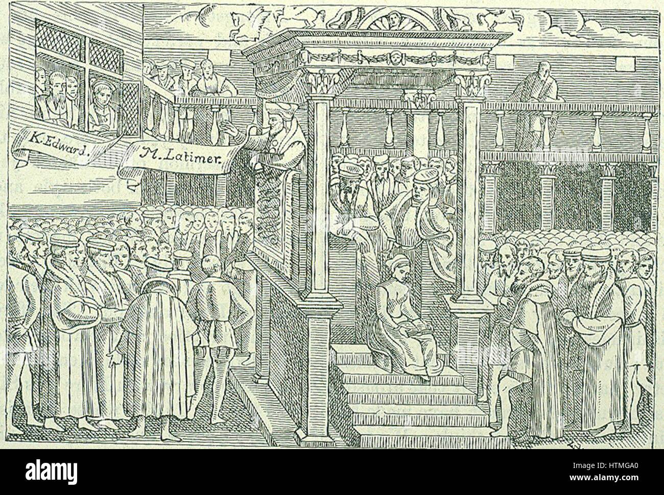 Hugh Latimer (c1485-1555) englischen protestantischen Märtyrer, Predigt vor Edward VI. Unter der römisch-katholischen Maria ich er auf dem Scheiterhaufen, mit Ridley und Cranmer in Oxford verbrannt war. Aus Foxes 'Buch der Märtyrer' 1563. Stockfoto