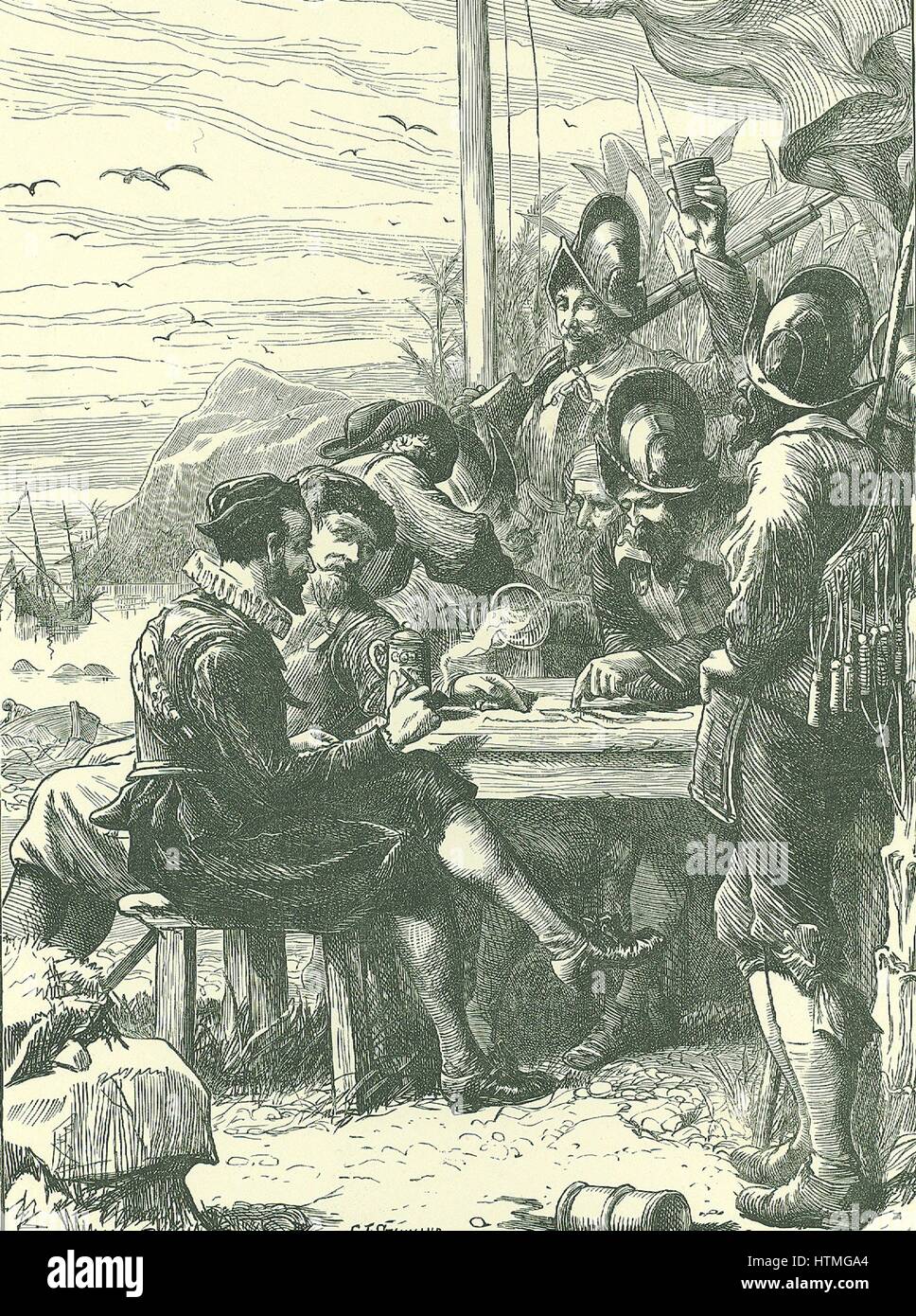 Walter Raleigh (1552-1612) englischer Höfling und Navigator, mit Mitgliedern seiner Expedition auf der Insel Trinidad, 1595. Ende des 19. Jahrhunderts Abbildung c1890. Stockfoto