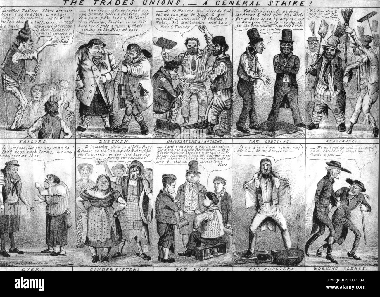 Satirische Sicht der Gewerkschaften und ihre Forderungen von Schneider und Maurern, Polizei und Klerus. Lithographie 1830 s. Stockfoto