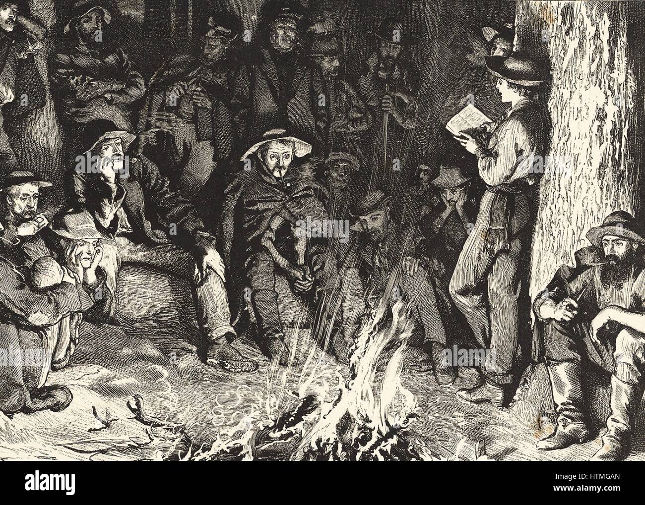 "Die Old Curiosity Shop" im Westen hören. Illustration für Bret Harts Gedicht 'Little Nell', basierend auf eine beliebte Anekdote. Als Charles Dickens Buch in Serienform innen 1841 Boote Ankunft in New York veröffentlicht wurde belagert, die Leute waren die Stockfoto