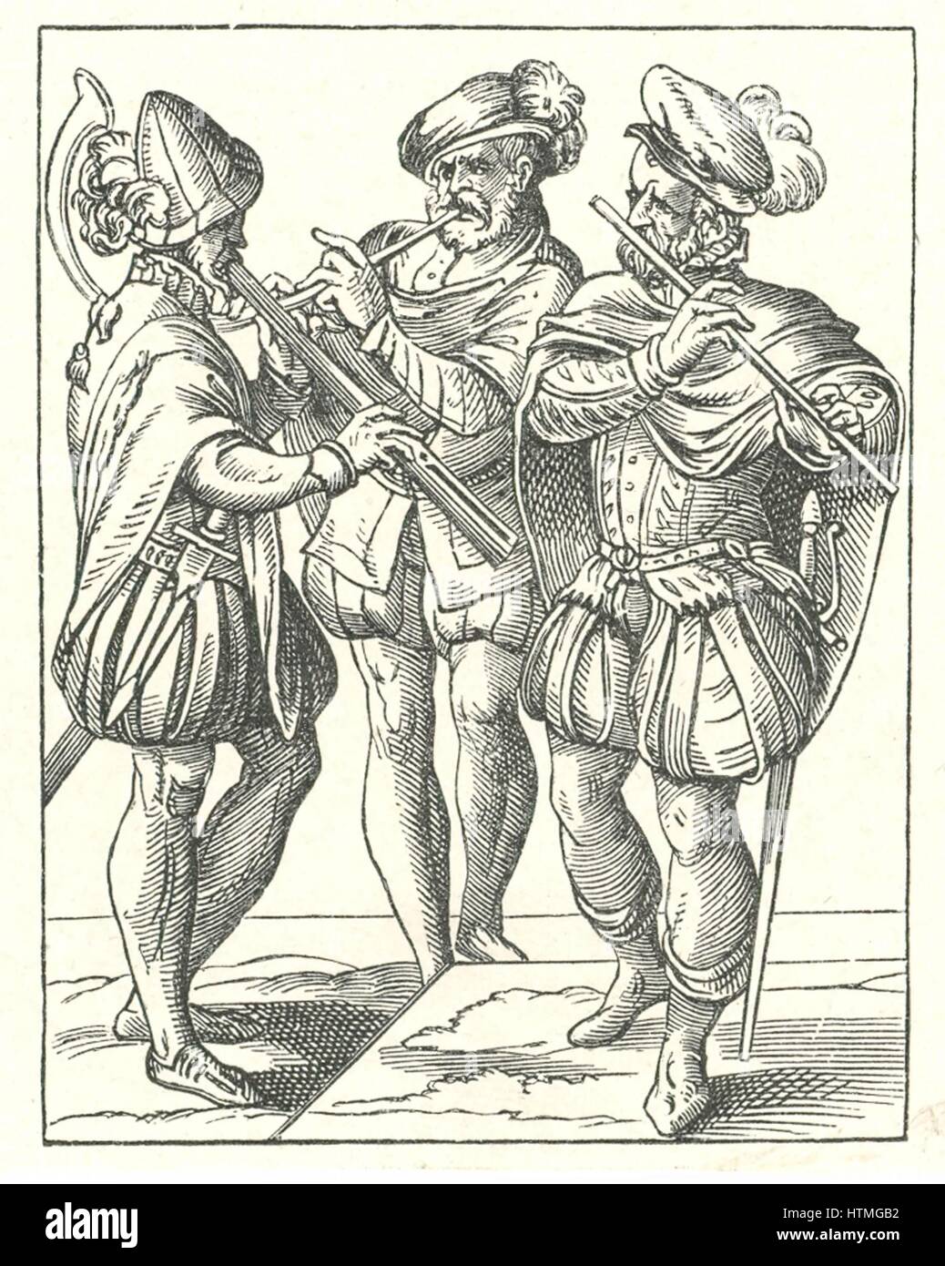Deutsche Musiker spielen verschiedene Blasinstrumente wie Querflöte und Horn. Holzschnitt von Jost Amman (1535-1591). Stockfoto