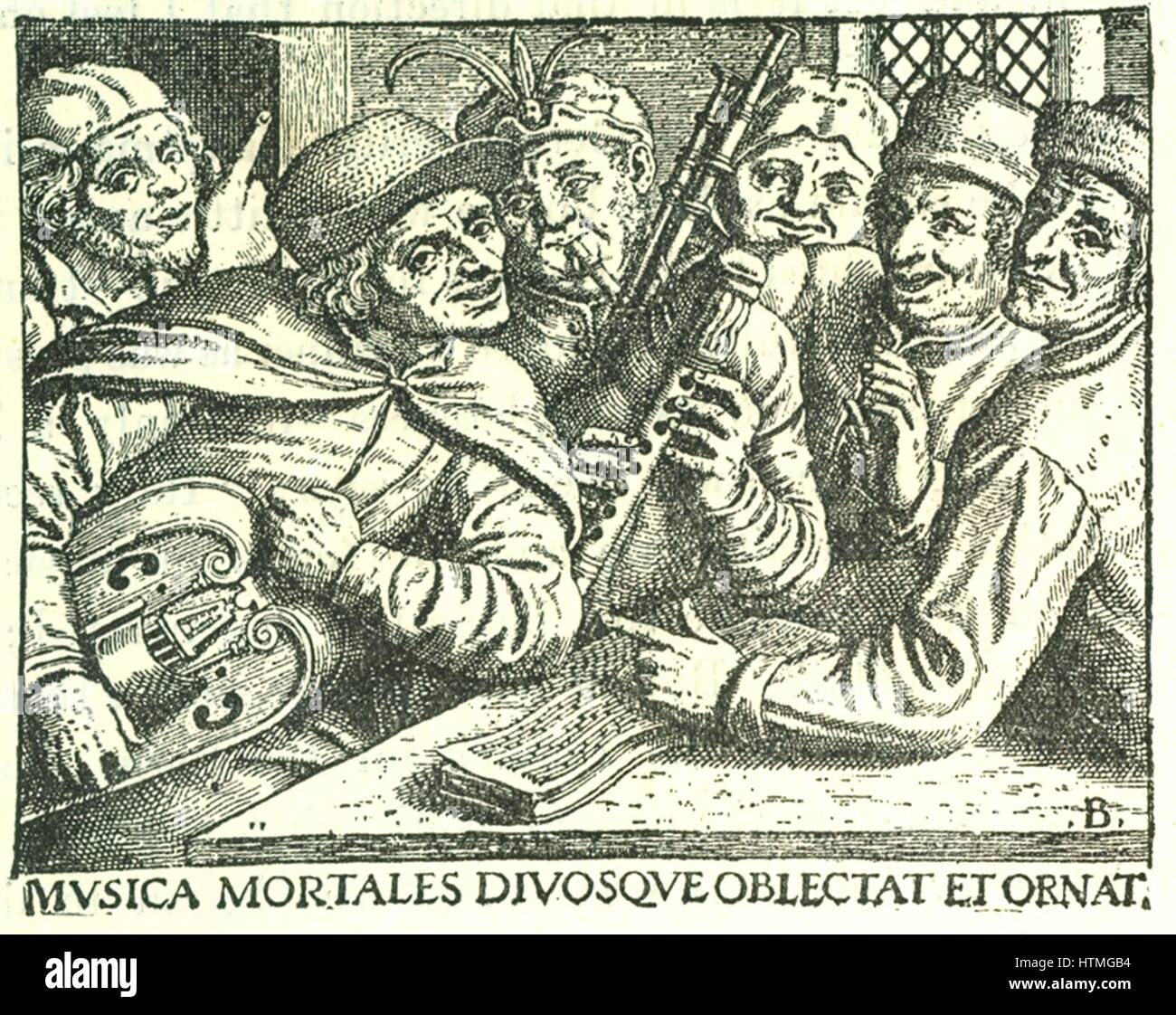 Gruppe von deutschen Musikern, Mitte des 16. Jahrhunderts. Mann auf linken Seite hält eine Drehleier, auch bekannt als die Bauern Leier. Mann im Zentrum spielt Dudelsack. Das Buch der Musik, die sie vom spielen ist auf dem Tisch. Legende lautet "Musik erfreut und schmückt, Göttern und sterblichen". Gravur. Stockfoto