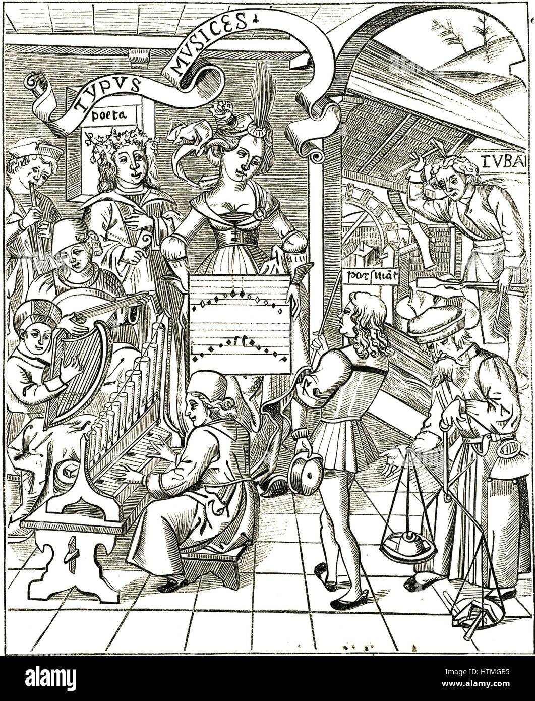 Die Personifikation der Musik von Gregor Reisch "Margarita gedemütigt", Straßburg, 1508. Im Vordergrund links Mann spielt ist eine tragbare Orgel, über ihm ein Mann spielen eine Clarsach oder keltische Harfe, über ihm eine laute wie Instrument gespielt wird. Oben links ein Junge spielt das Rohr. Stockfoto