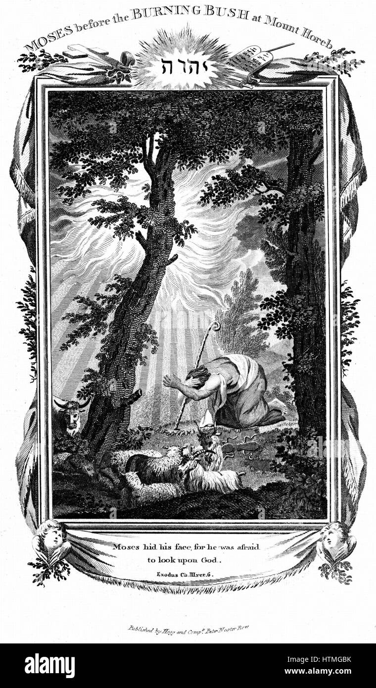 Moses versteckt sein Gesicht, nicht in der Lage, auf das Antlitz Gottes zu suchen. Exodus-Ch.3 v. 6. Bibel: Altes Testament. Gravur, 1808 Stockfoto