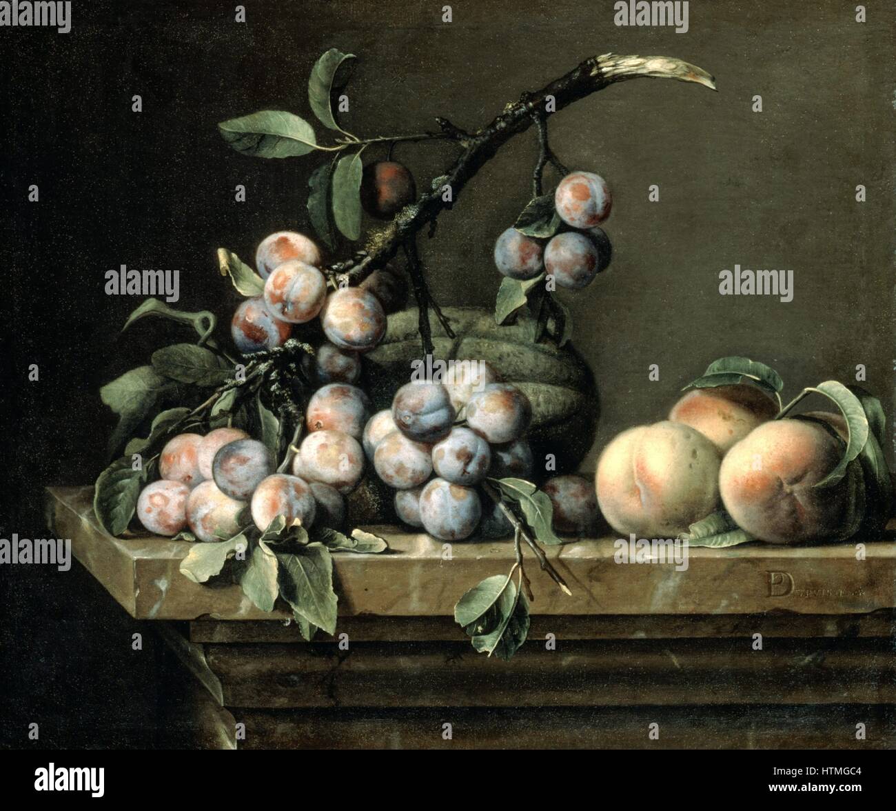 Pflaumen, Melonen und Pfirsiche auf einem Marmor-Tisch ": Stilleben von französischer Blumenmaler Pierre Dupuis (1610-1682). Stockfoto