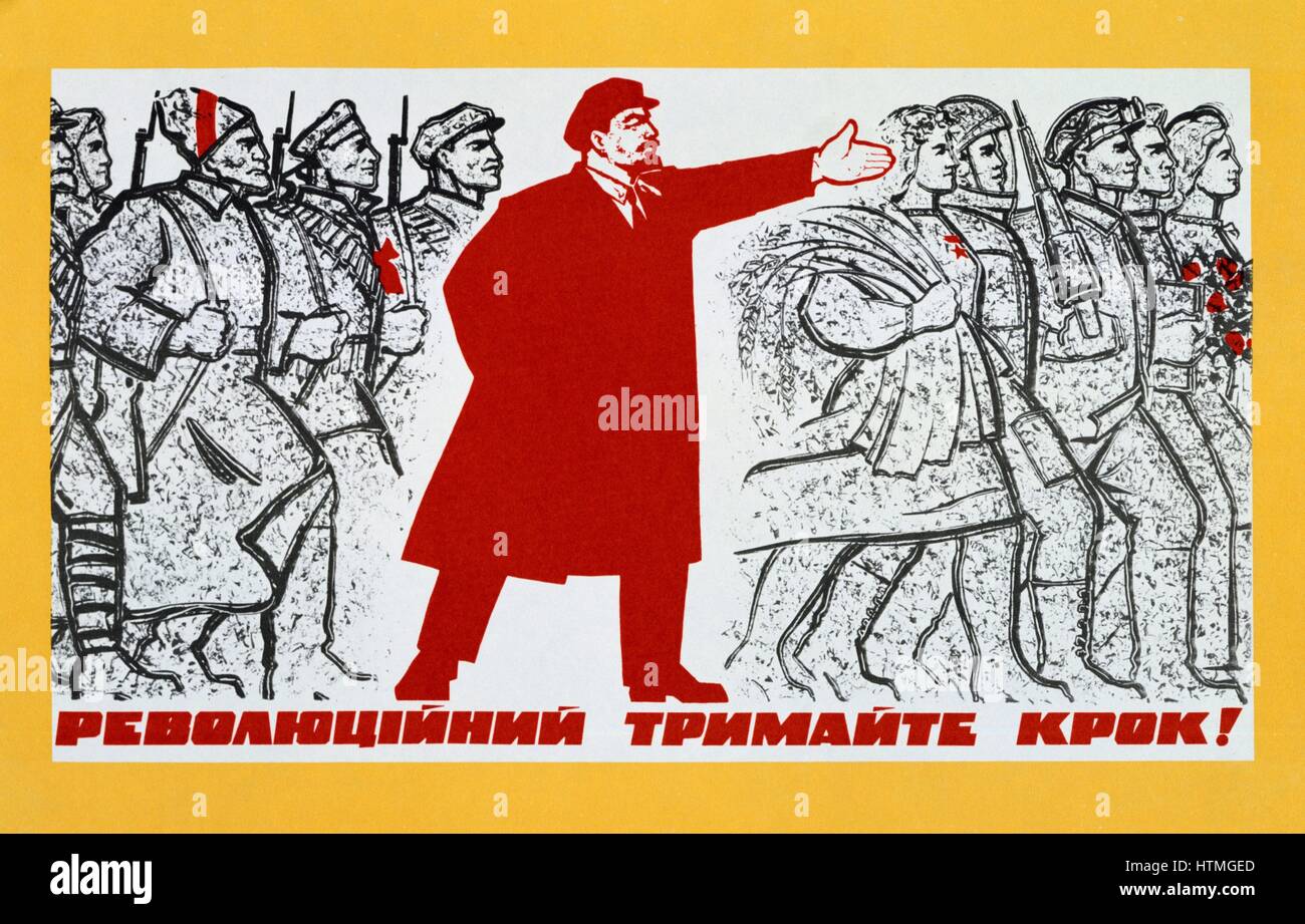 Russische Revolution, Oktober 1917. Vladimir Ilyich Lenin (Uljanow - 1870-1924) drängen auf die Kräfte der Revolution. Undatierte kommunistischen Plakat. Stockfoto