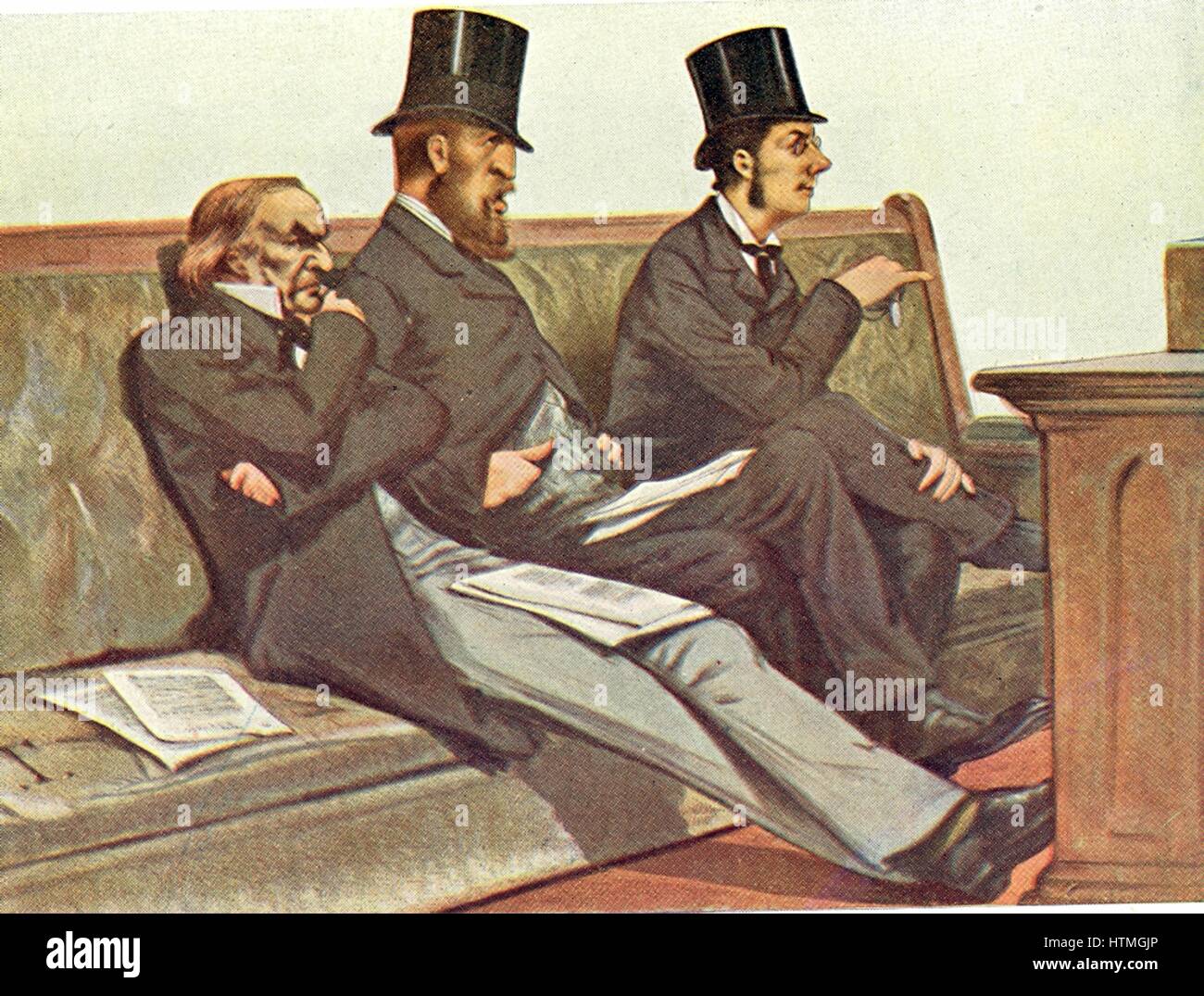 "Geplapper, Geburt und Brummagem" (Vortrag, Aristokratie und Birmingham): Gladstone, der Herzog von Devonshire und Joseph Chamberlain auf der Liberalen Front-Bank. Nach dem Cartoon von "Vanity Fair", London, Juli 1880. Stockfoto