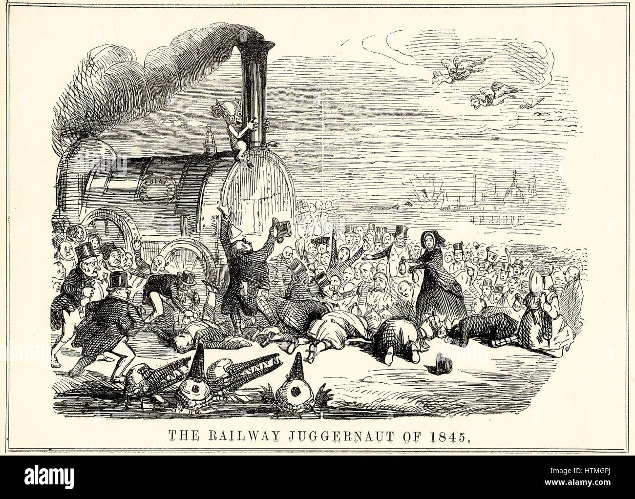 "Die Bahn Moloch von 1845": Bahn-mad Investoren vor den Moloch der Eisenbahn Spekulation herunterfallen. Cartoon aus "Punch", London, 1845. Stockfoto