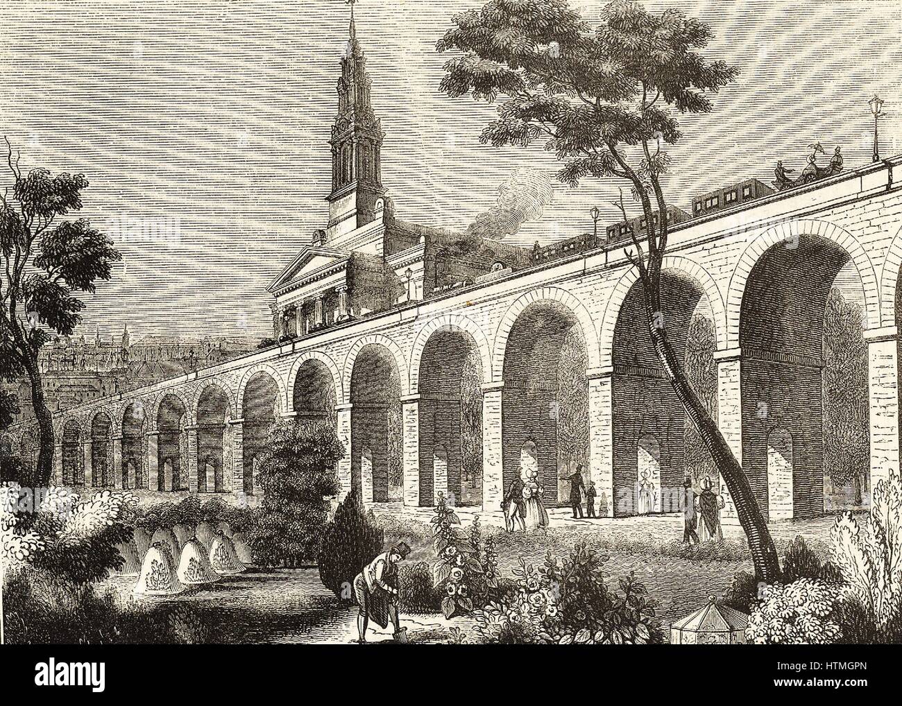 London und Greenwich Railway, Projektor und Ingenieur Lieut Col George Thomas Landmann (1779-1854). Viadukt in der Nähe von Bermondsey New Church quer durch die Landschaft, verdecken den Blick auf die Kirche und völlig im Widerspruch mit der Garten-Szene in der foregr Stockfoto