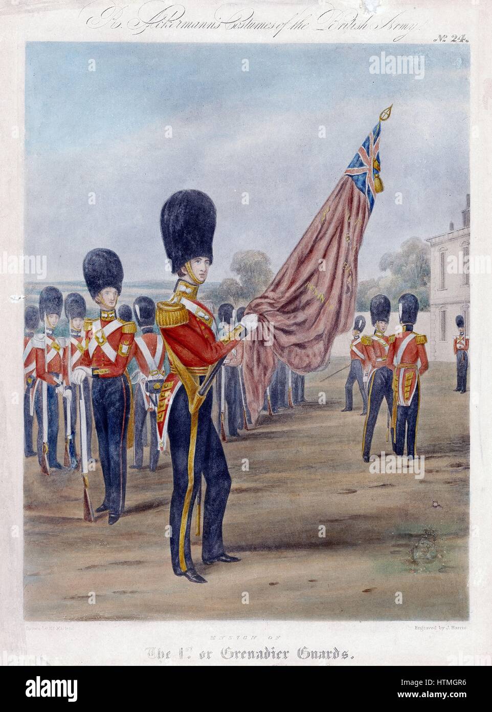 Fähnrich der Grenadier Guards. Beachten Sie "Granaten" auf Kragen und Gürtel. Von R. Ackermann "Kostüme der britischen Armee" 1844. Lithographie Stockfoto