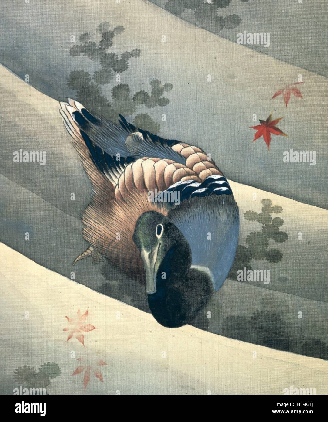 Ente im Wasser schwimmen ", 1847. Tinte und Farben auf Seide. Japanischen Künstlers Katsushika Hokusai (1770-1849) und Grafiker. Stockfoto