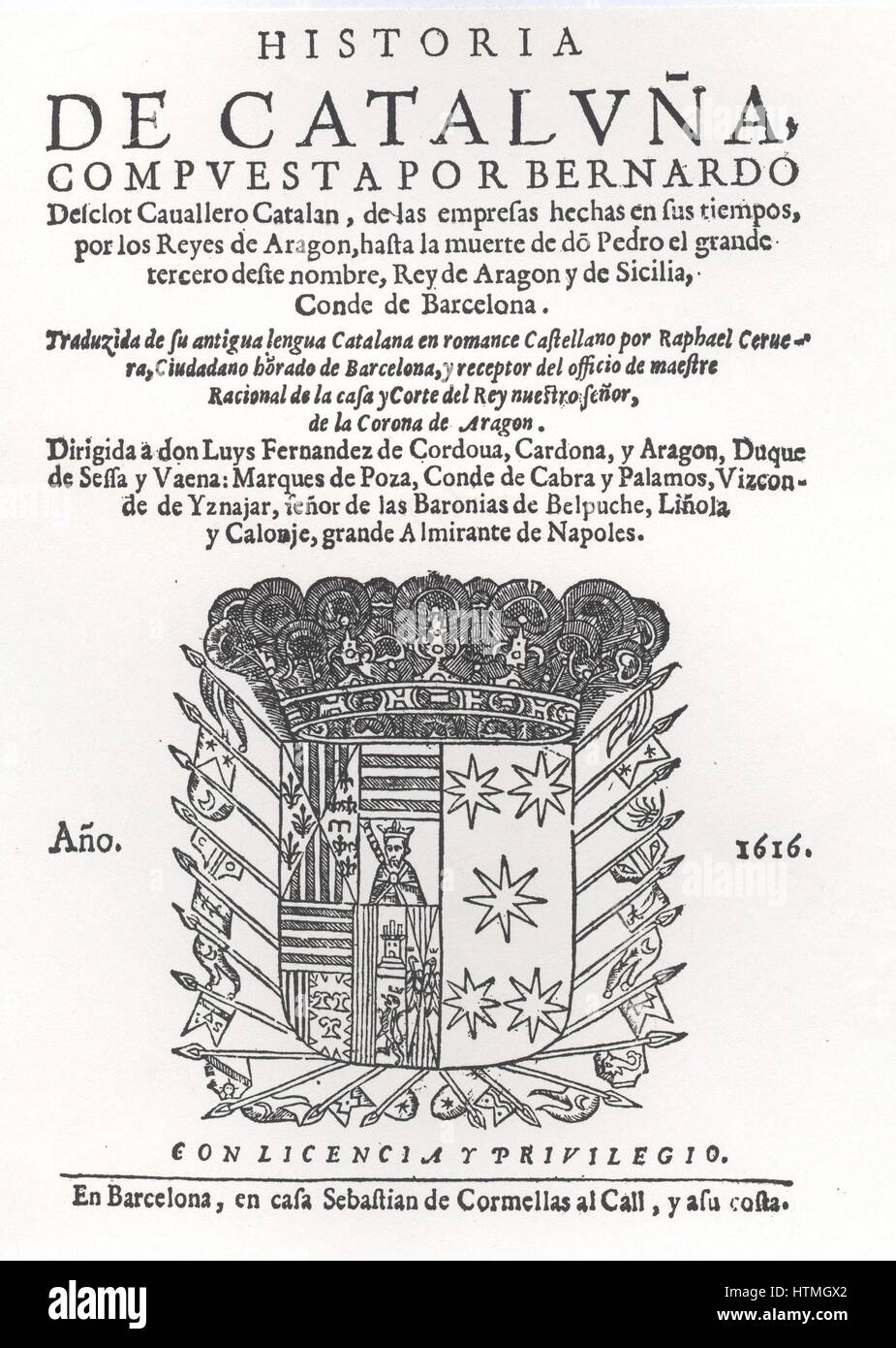 Titelblatt der "Historia de Catalanya', Barcelona 1616, von Bernardo Desclot, katalanischen Chronist. Stockfoto