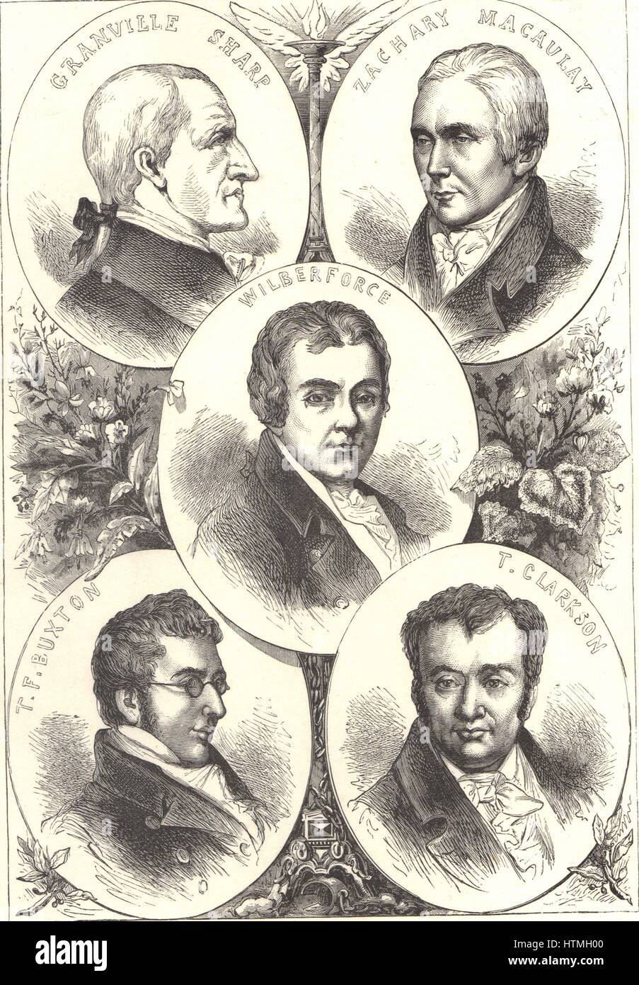 Britische Führer der Bewegung zur Abschaffung der Sklaverei. Thomas Fowell Buxton (1786-1845), Thomas Clarkson (1760 – 1846), Zacharay Macaulay (1766-1838), Granville Sharp (1735-1813) und William Wilberforce (1759-1833). C1880-Gravur. Abschaffung des Slave Trade Act 180722:45 Sklaverei Abschaffung Act 1833. Stockfoto