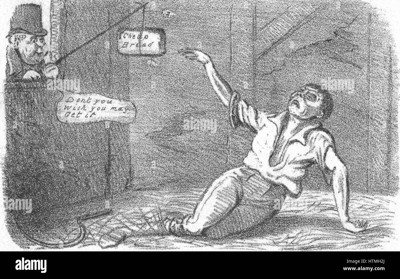 Corn Laws eingeführt im Jahre 1815, die britische Landwirte vor ausländischer Konkurrenz zu schützen. Die daraus resultierenden überhöhten Preis von Weizen und anschließende hohe Preis des Brotes verursacht großen Not unter den Armen. Schließlich aufgehoben in 1846.Illustration von Robert Seymou Stockfoto