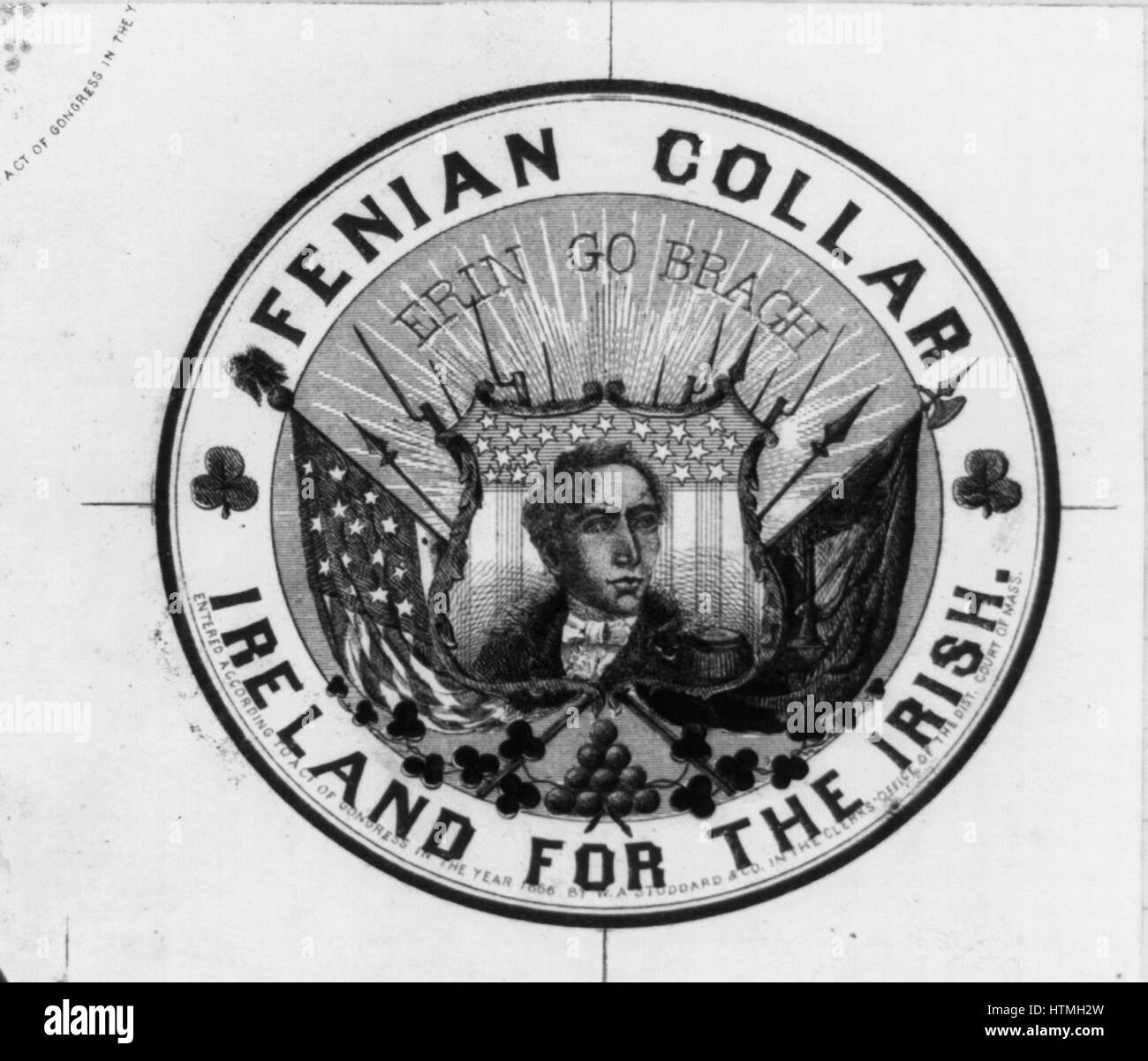 Werbung-Beschriftung für Fenian mit einem Porträt des irischen Patrioten Robert Emmet gegen ein Schild mit Sternen und Streifen Stockfoto