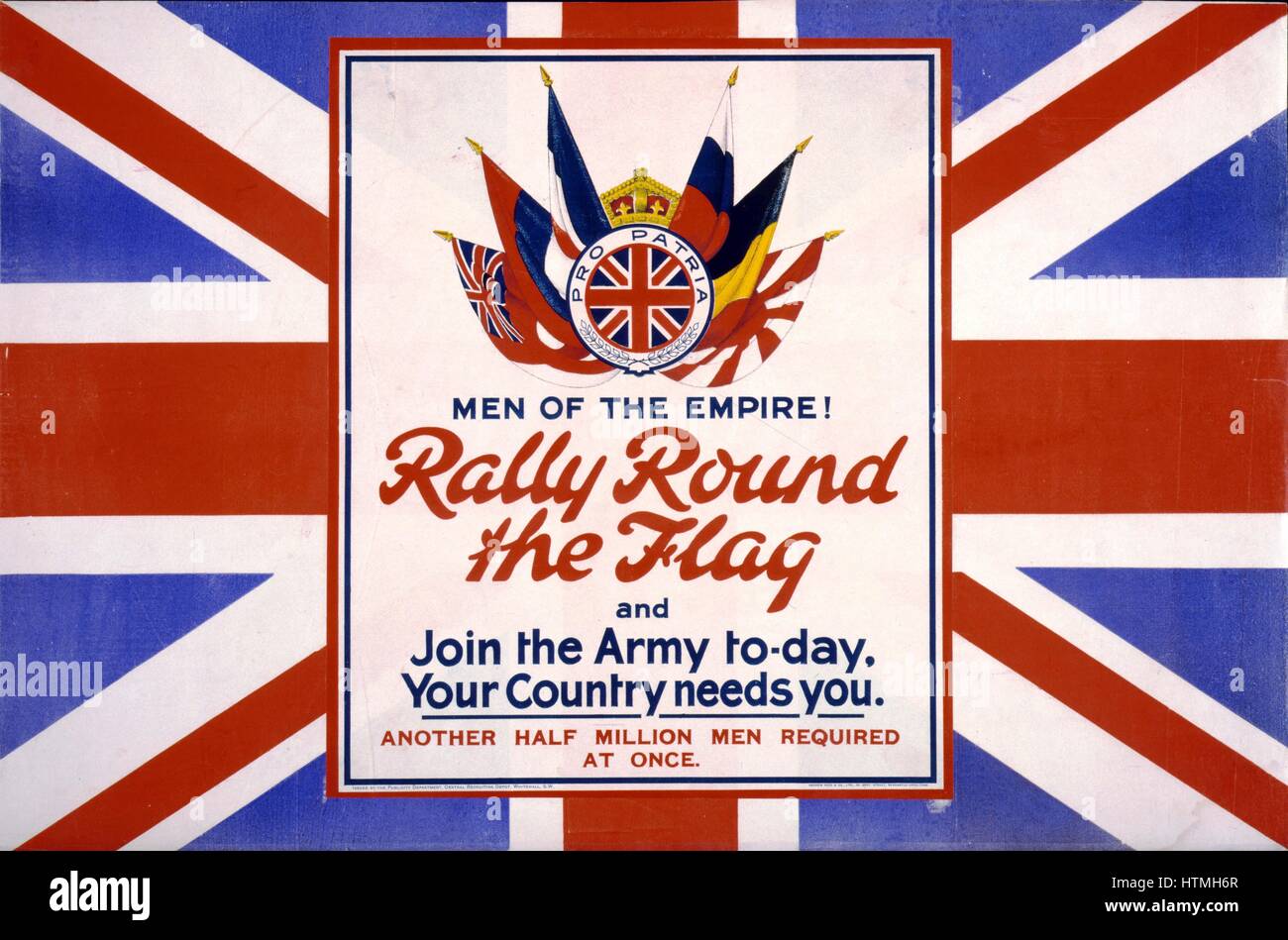 Männer des Reiches! Rallye rund um die Flagge und die Armee heute beitreten, Ihr Land braucht Sie. Eine weitere halbe million Männer auf einmal erforderlich. Plakat zeigt die Flaggen der Alliierten, vor dem Hintergrund der britischen Flagge Stockfoto