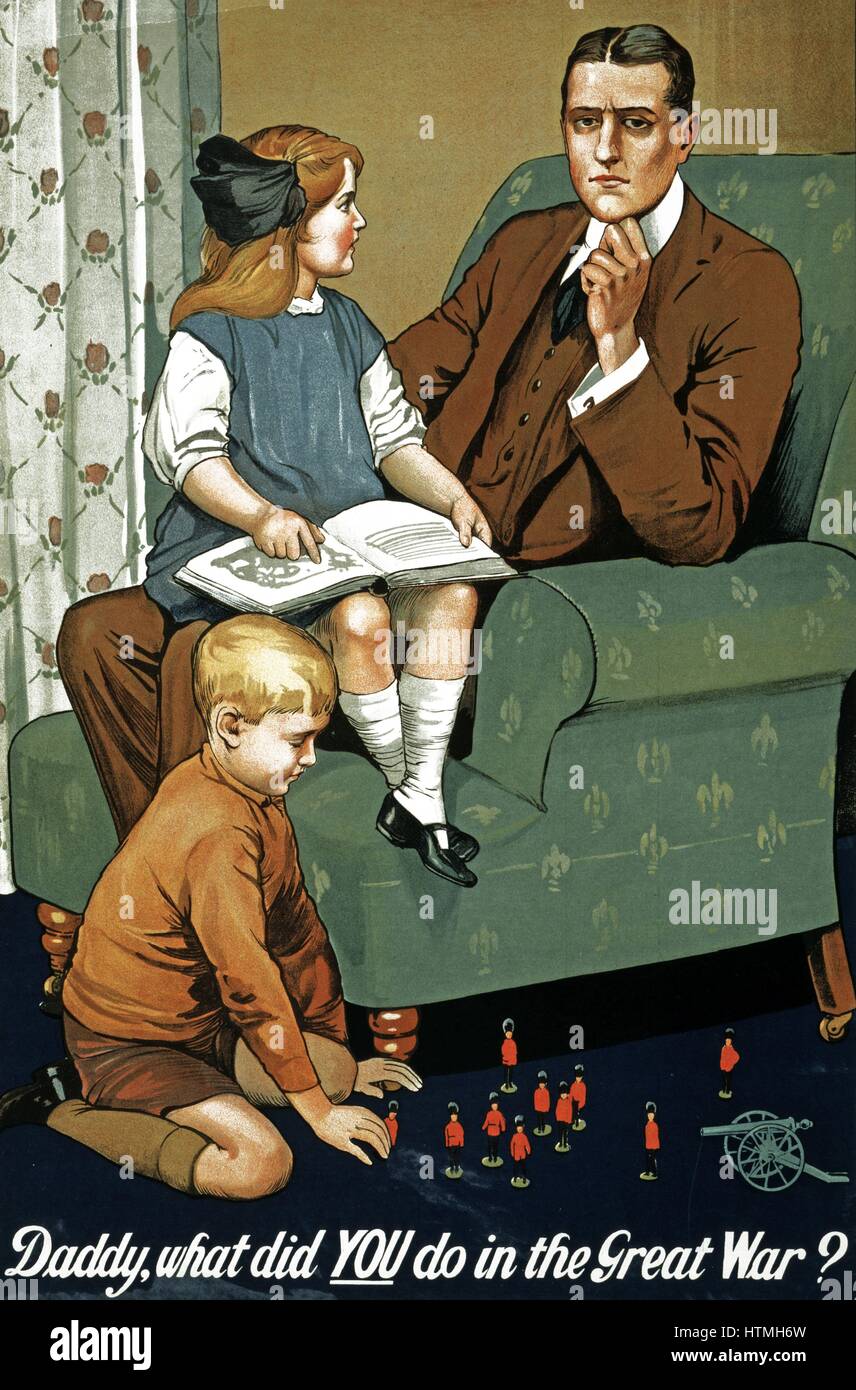 Plakat zeigt einen Vater mit seinen Kindern nach dem Krieg. die Kinder sagen "Papa Was hast du in den Krieg?". Dies war ein Propagandaplakat in England während des ersten Weltkrieges. 1915 / 16 vom Stockfoto