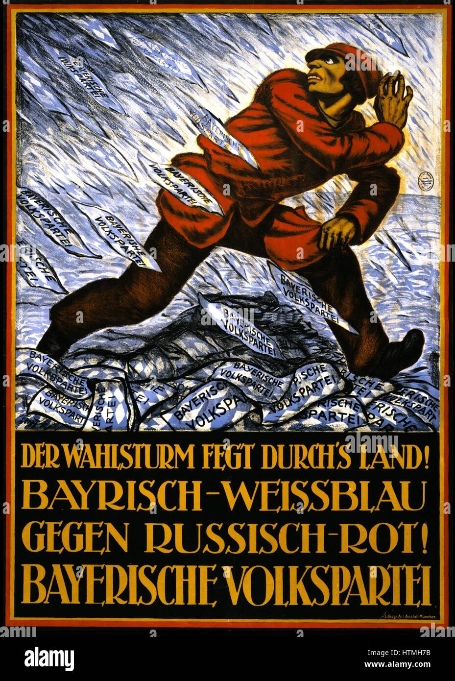 Der Wahlsturm Fegt Durch Land! German World War I Poster zeigt einen Mann in rot, die von einer Flut von blau und weißen Stück Papier markiert Bayerische Volkspartei. Text: Der Wahl-Sturm fegt das Land! Bayerischen blau-weiß gegen russische rot Stockfoto