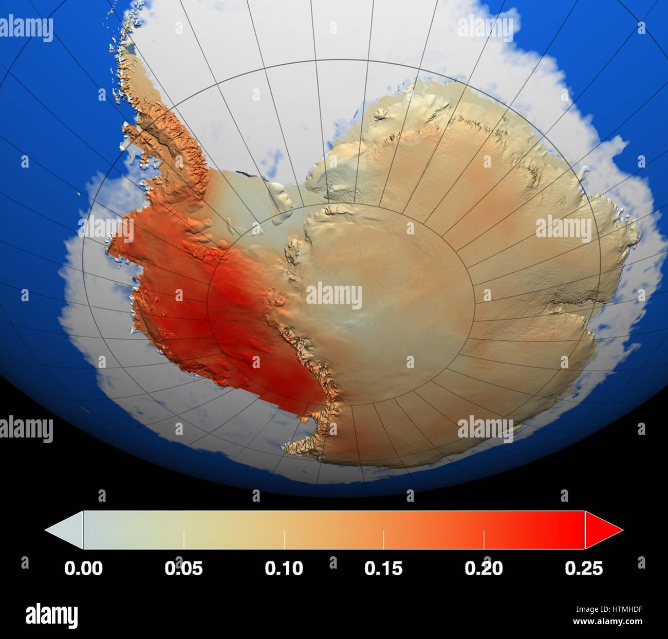 Rot steht für Bereiche, wo Temperaturen besonders in West-Antarktis, am meisten in den letzten 50 Jahren gestiegen sind, während dunkle Blau steht für Gebiete mit einem geringeren Grad der Erwärmung. Temperaturschwankungen werden in Grad Celsius gemessen. Stockfoto