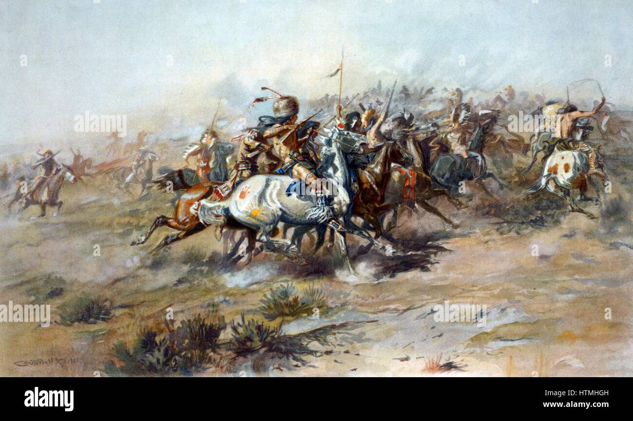 Custer Kampf 1903. Die Schlacht von Little Bighorn, zeigt Indianer zu Pferd im Vordergrund. Charles M. Russell Stockfoto