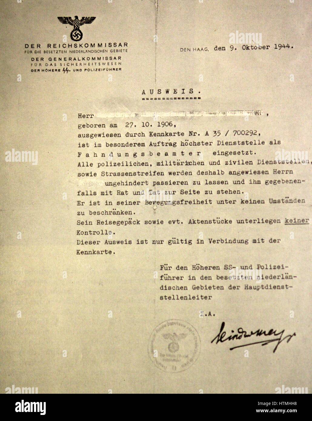 Dem zweiten Weltkrieg. Foto eines Briefes an den Köpfen der SS und der Polizei in den Niederlanden aus der Reichkommissar für die besetzten Niederlande vom Oktober 1944. Stockfoto