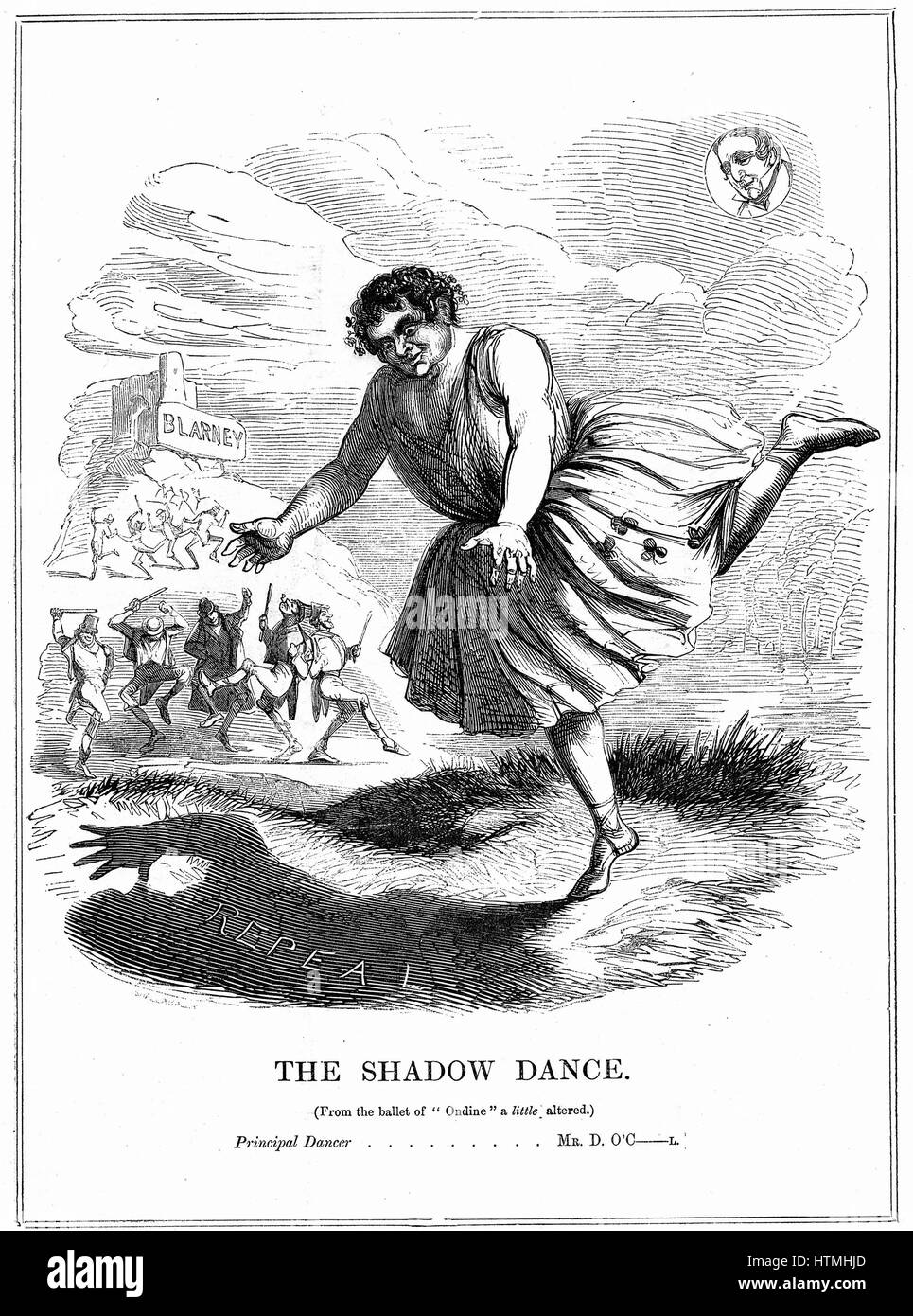 "Schattentanz" Daniel O'Connell (1775-1847) "Der Befreier", irischer Politiker, Führer der Aufhebung (der Union mit Großbritannien) Bewegung, als ein Mann von wenig Stoff, aber mit der Gabe von Wörtern, die Blarney geküsst haben Stein dargestellt. Cartoon aus "Punch", London, 1843. Gravur Stockfoto