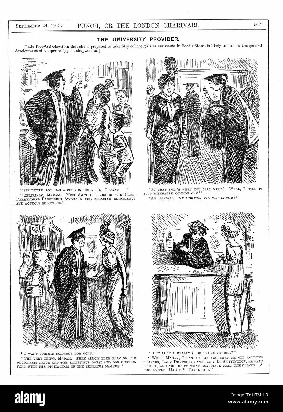 Ein bessere Ergebnis der universitären Ausbildung für Frauen. Cartoon aus "Punch", 14. September 1913. Lady Boot Stiefel Shops angeboten Beschäftigung als Assistenten an 50 Frauen Absolventen als sie fühlte, dass es den Standard von Shopwomen erhöhen würde. Gravur Stockfoto