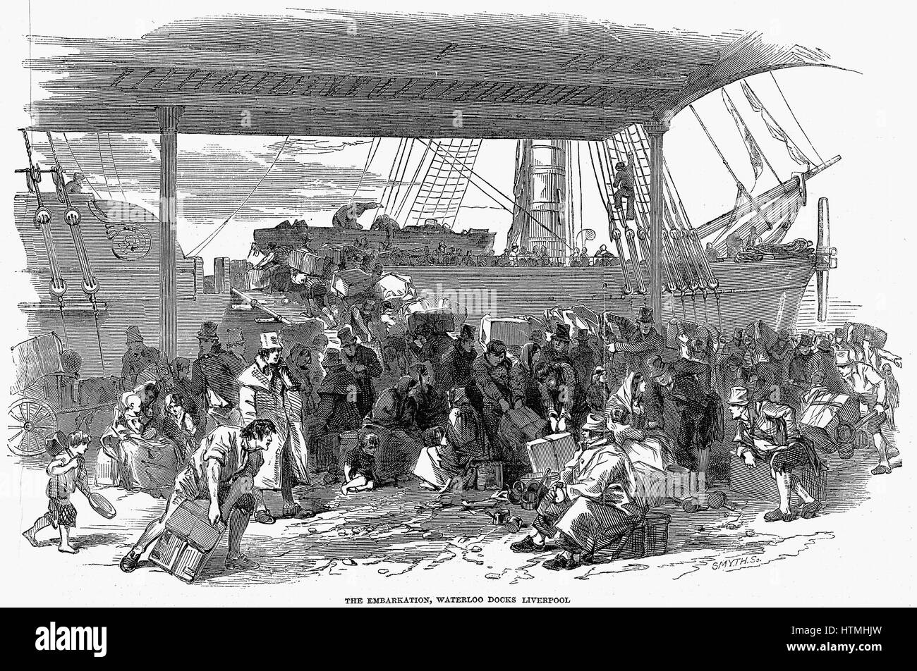 Irische Auswanderer Einschiffung für Amerika bei Waterloo Docks, Liverpool. Aus "Der illustrierte London News", Juli 1850 Stockfoto