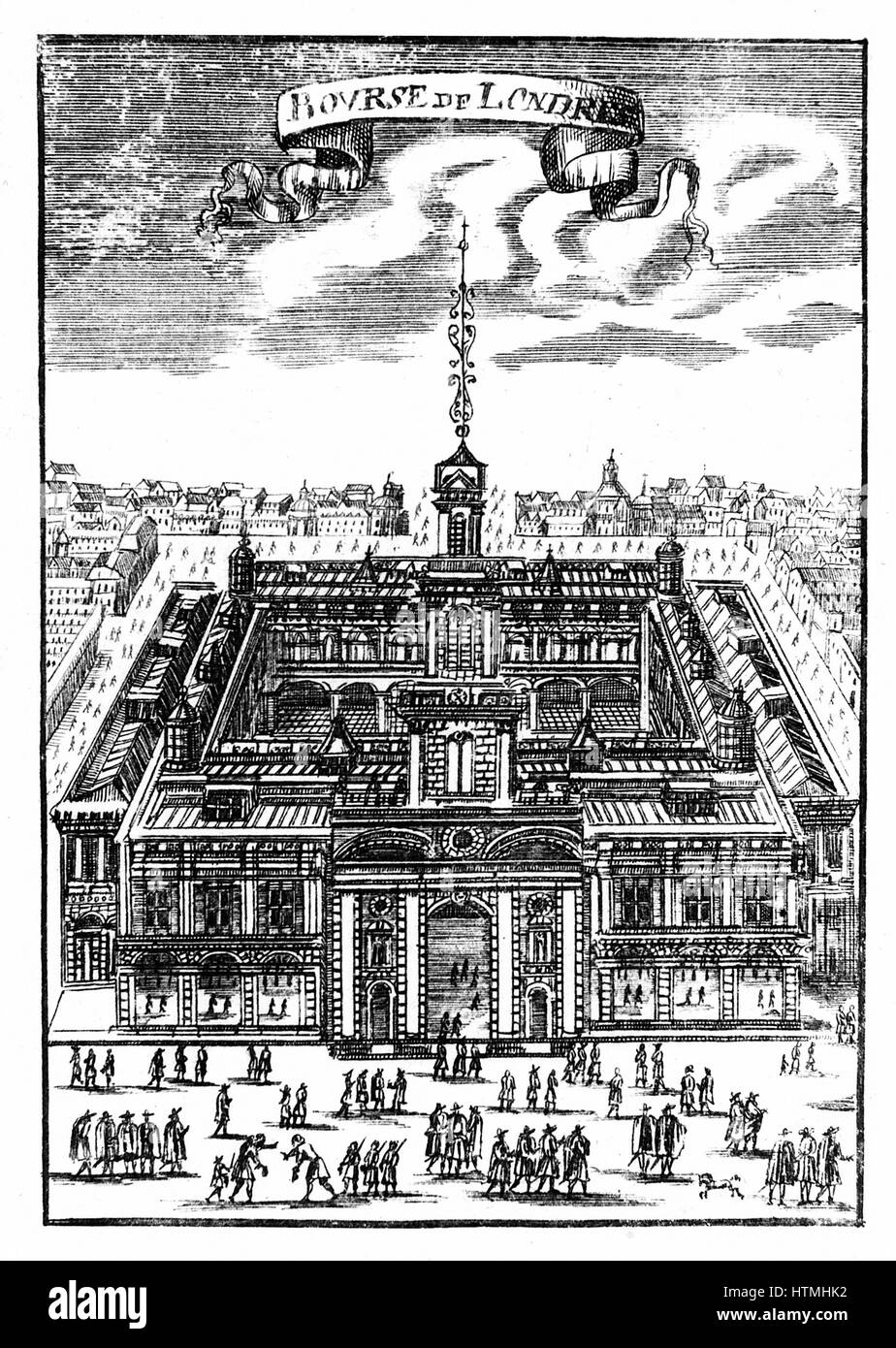 Die Royal Exchange, London. Dies ist das zweite Gebäude, das die erste ersetzt, die den Brand von London 1666 zerstört wurde. Kupferstich, 1686 Stockfoto