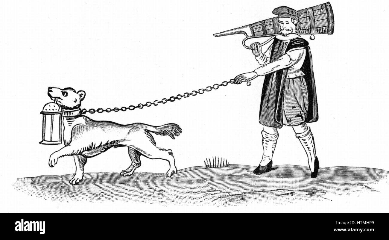 Connétable von der Uhr mit seinem Hund. In Shakespeares "Much Ado About Nothing" Akt 3 Sc 3 Dogberry ist solch ein Offizier. Anfang des 17. Jahrhunderts Abbildung Stockfoto