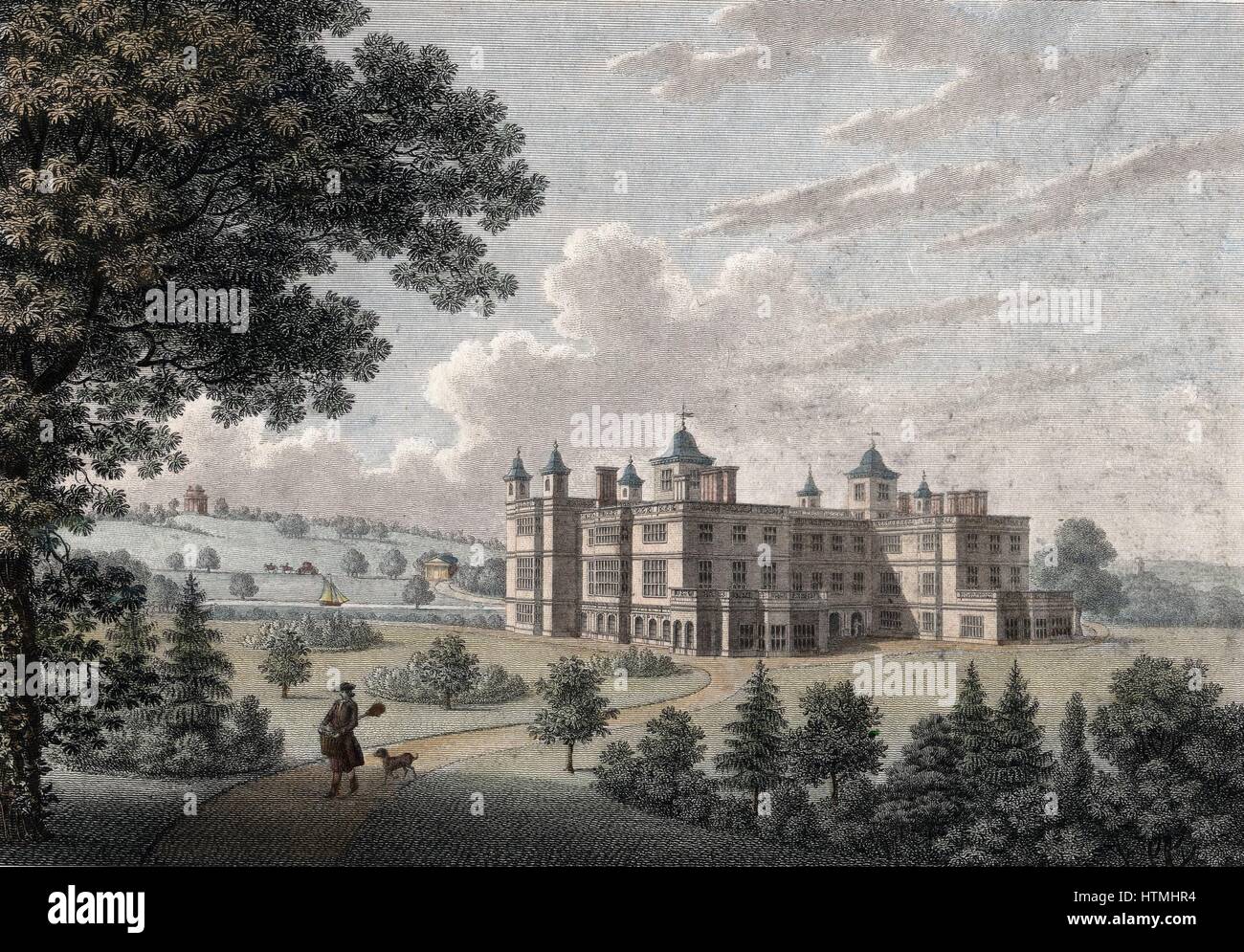 Audley End House, Essex, von Herrn Thomas Howard 1603 begonnen. Villa als es erschien im Jahre 1781. Handkolorierten Gravur Stockfoto