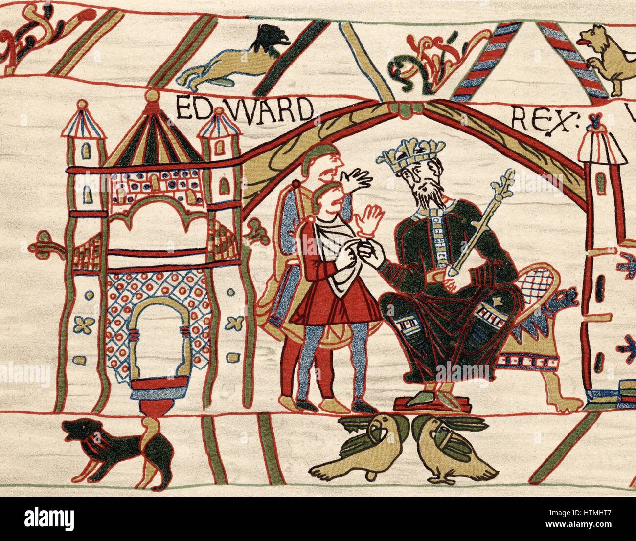 Edward der Bekenner (c1003-66) angelsächsischer König von England von 1042. Edward auf seinem Thron. Teppich von Bayeux Stockfoto