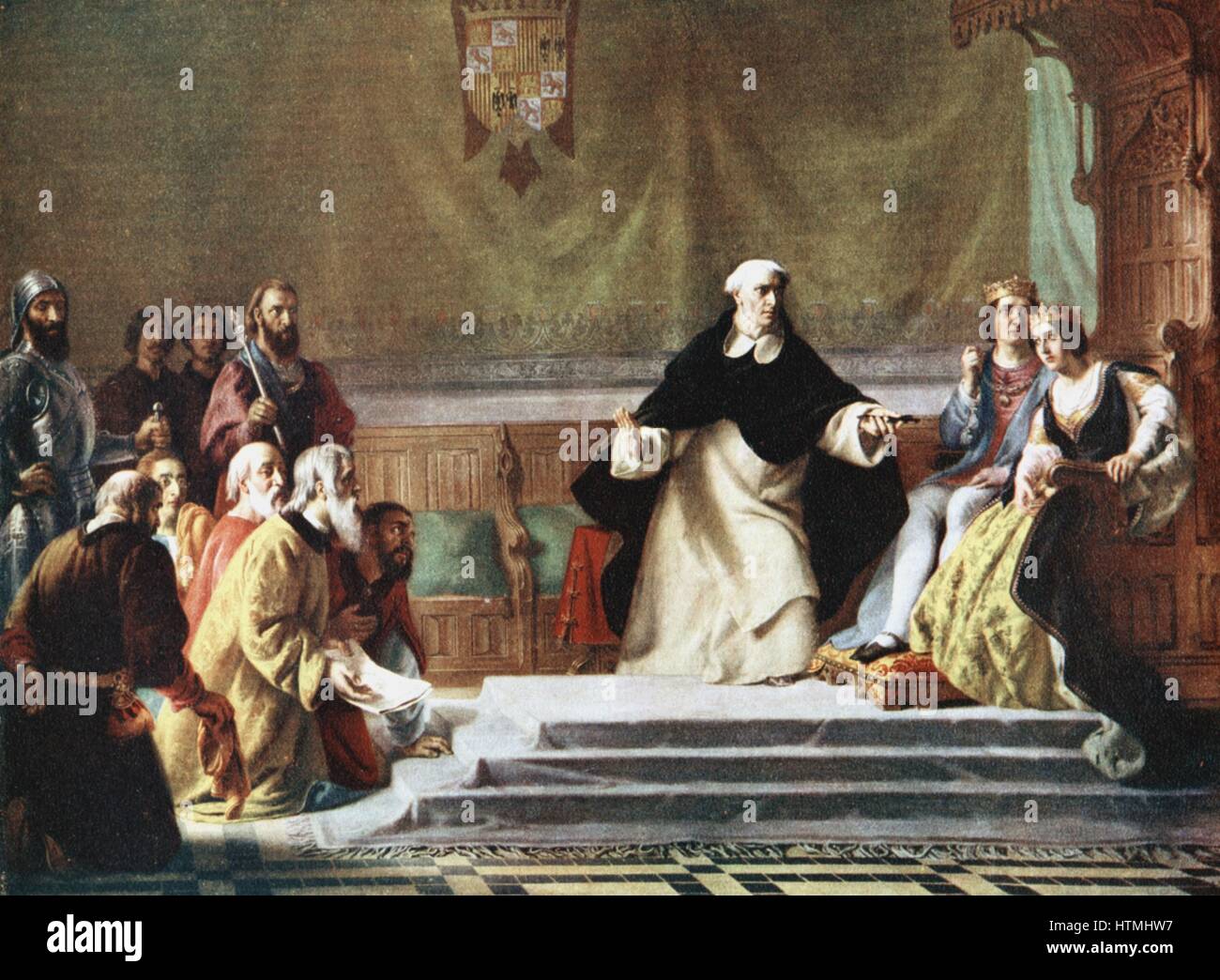 Vertreibung der Juden aus Spanien 1492. Des Künstlers Eindruck Ferdinand und Isabella wird eine Petition für Barmherzigkeit sondern Prälat hält Kreuz davor in Warnung. Stockfoto