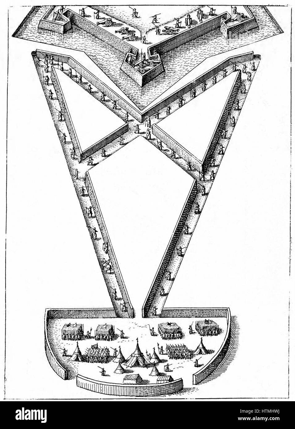 Design für Feldlager außerhalb einer belagerten Festung. Gravur von Robert Fludd "... Utriusque Cosmi Historia" Oppenheim 1617-19 Stockfoto