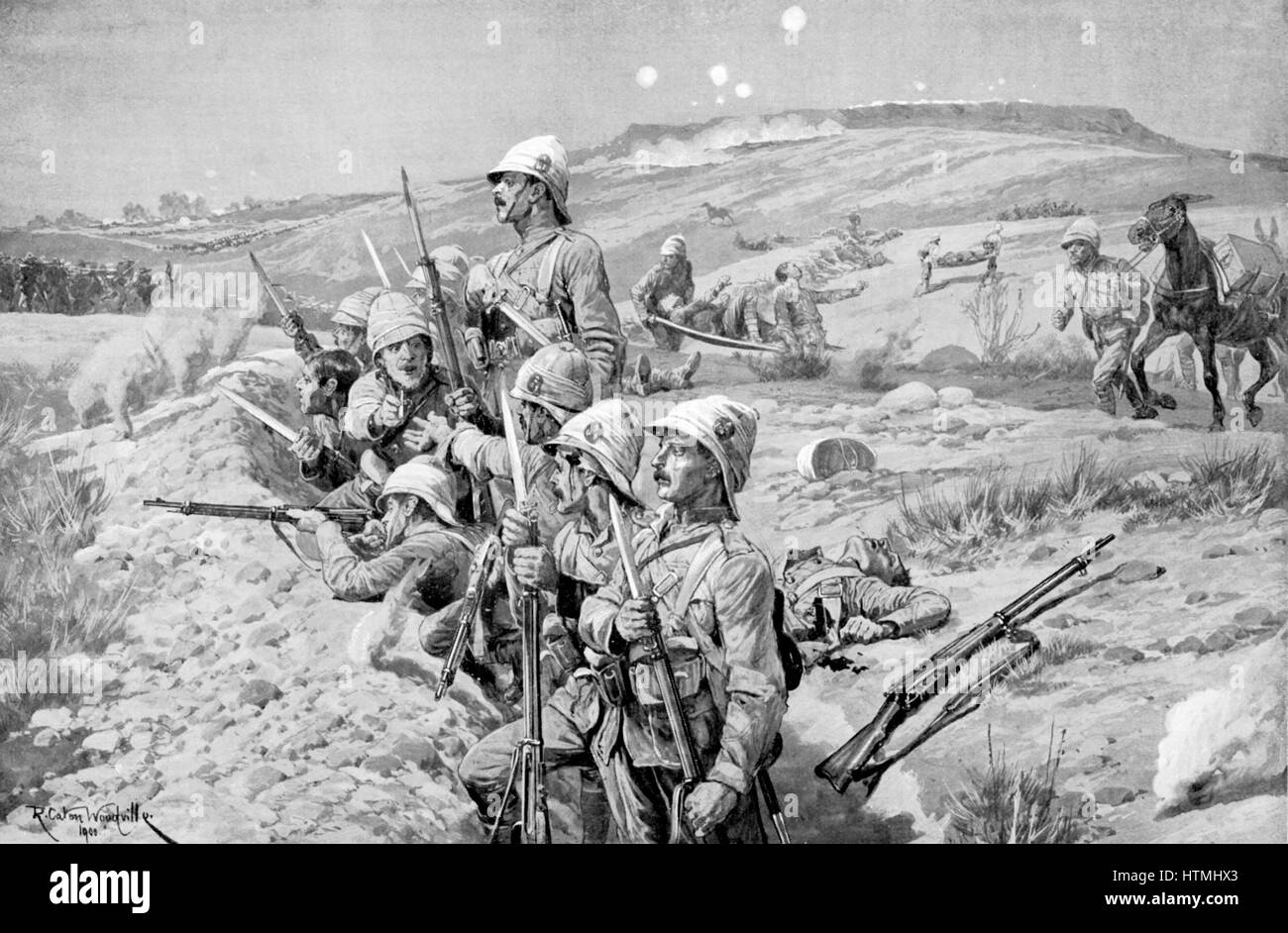 Burenkrieg: Belagerung von Ladysmith von Buren, 1. November 1899 - 28. Februar 1900: Verteidigung der britische Truppen in Schützengräben Befestigung Bajonette in Vorbereitung, um den Angriff abzuwehren Stockfoto